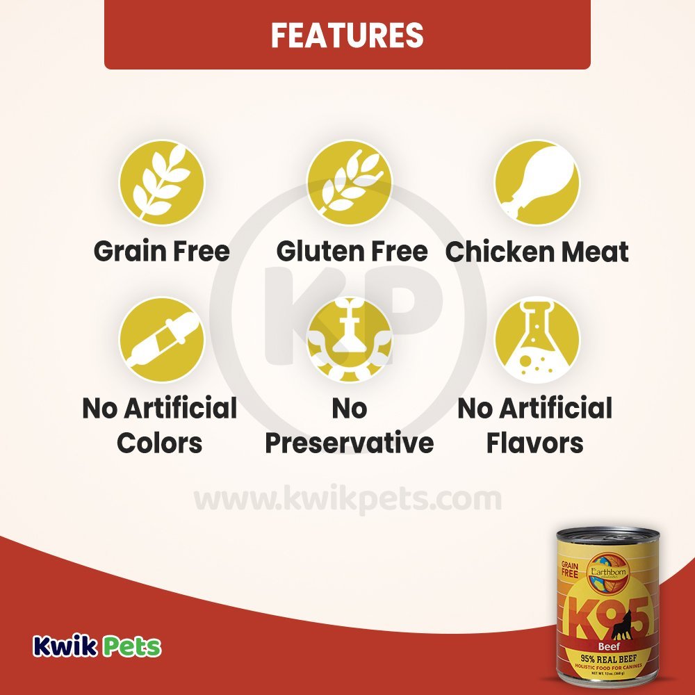 Features of Earthborn Holistic K95 Grain-Free Meat Protein Wet Dog Food Beef 13-oz