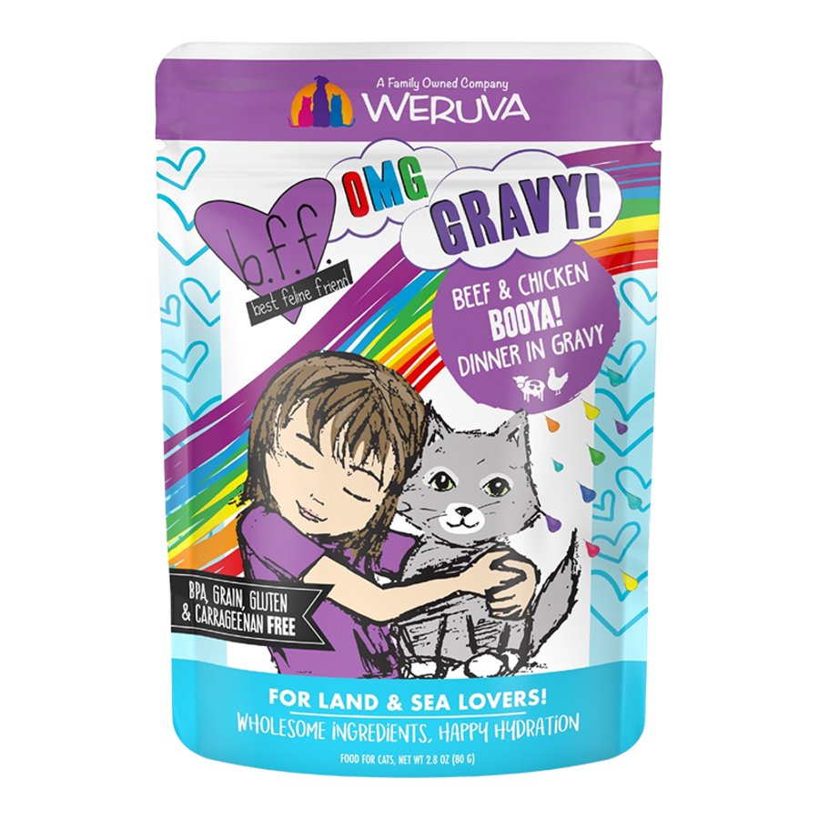 Weruva B.F.F. OMG Beef & Chicken Booya! Dinner in Gravy Wet Cat Food Pouches 2.8-oz, Kwik Pets