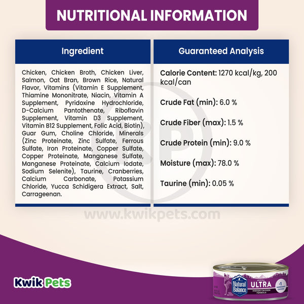 Nutritional Information - Natural Balance Pet Foods Original Ultra Indoor Canned Wet Cat Food Chicken 5.5-oz