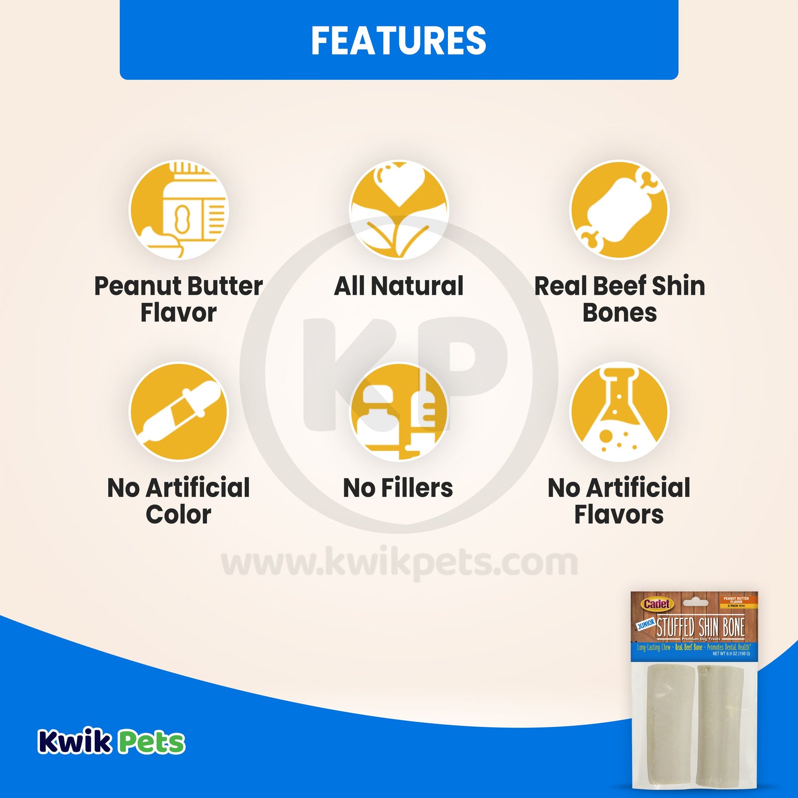 Features of Cadet Junior Stuffed Shin Bones Dog Chews Made with Peanut Butter Mini 2-ct 6.9-oz