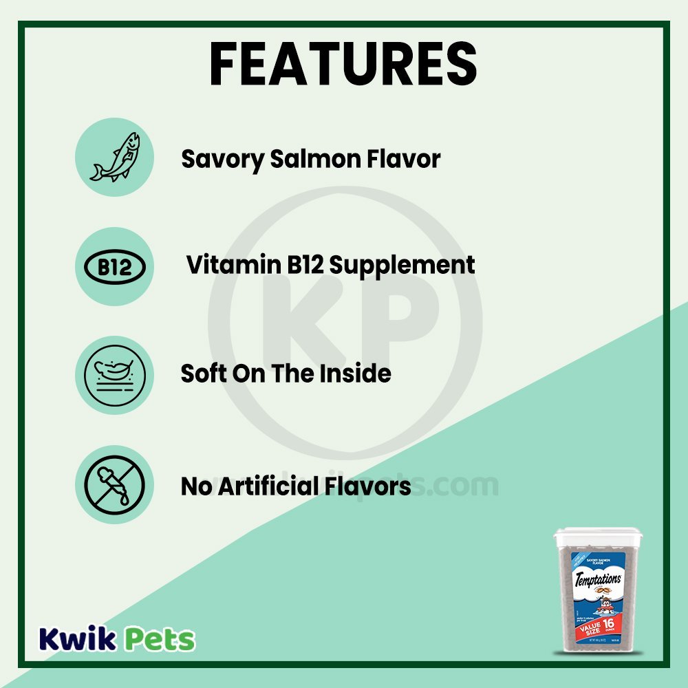 Features - Temptations Classics Crunchy & Soft Adult Cat Treats Savory Salmon 16-oz