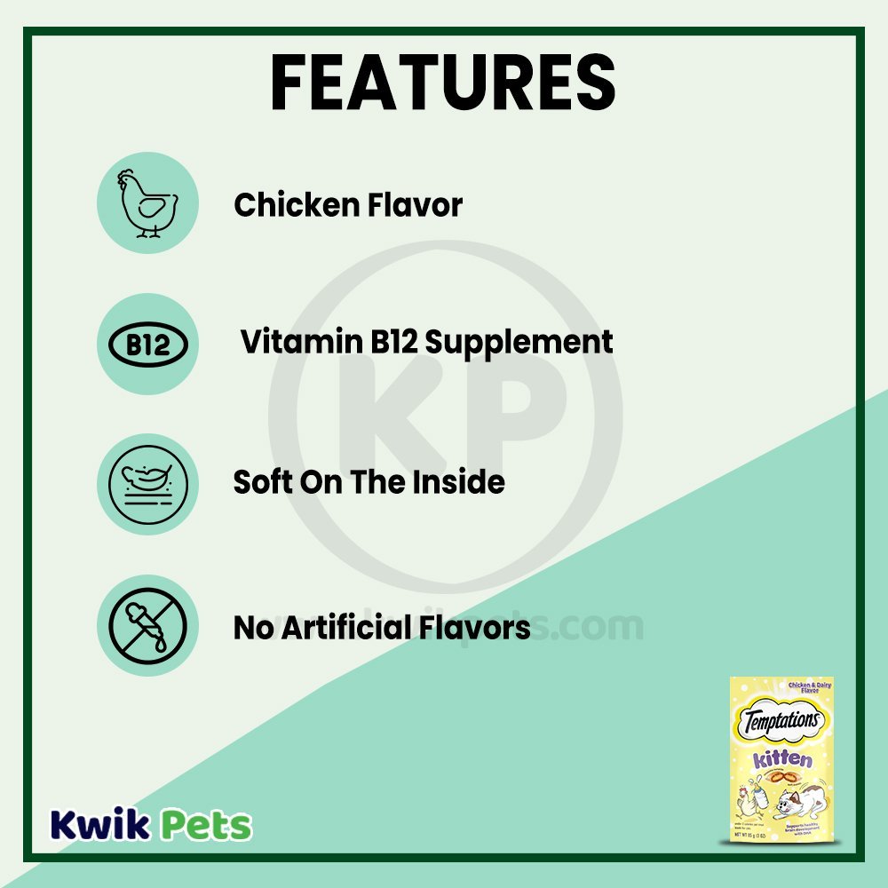 Features - Temptations Kitten Cat Treat Chicken & Dairy, 3-oz