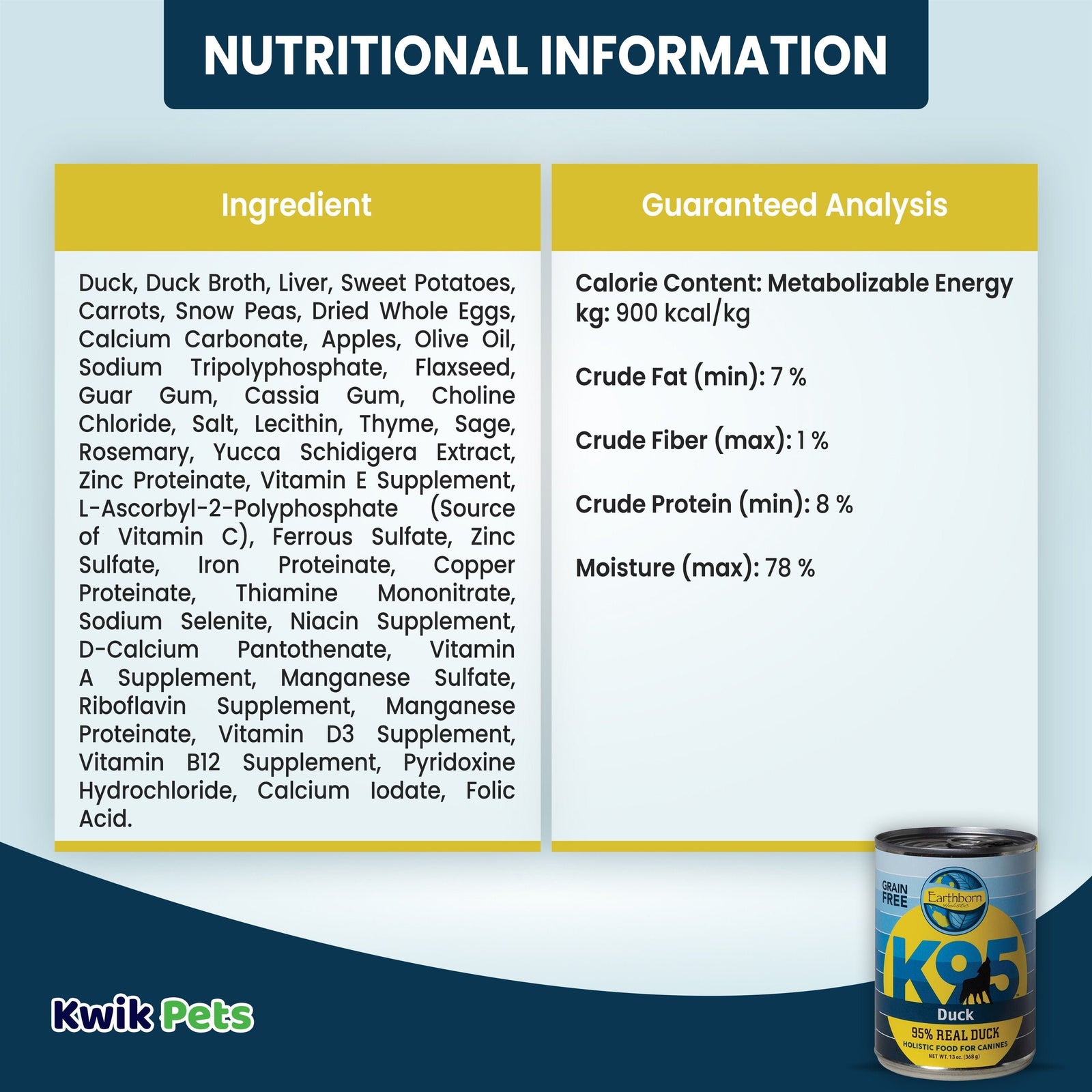 Nutritional Information of Earthborn Holistic K95 Grain-Free Meat Protein Wet Dog Food Duck 13-oz