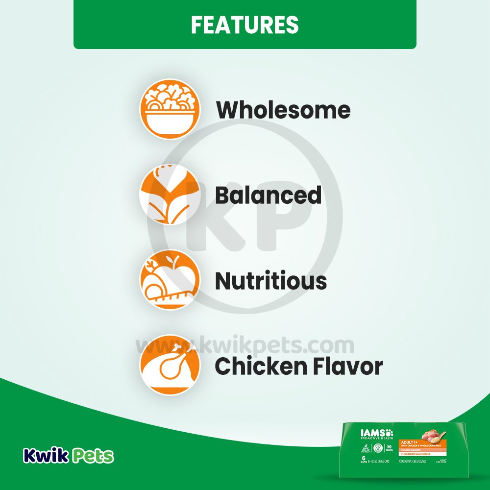 IAMS Proactive Health Adult Wet Dog Food Pate with Chicken & Rice 6 Count 13-oz, Kwik Pets