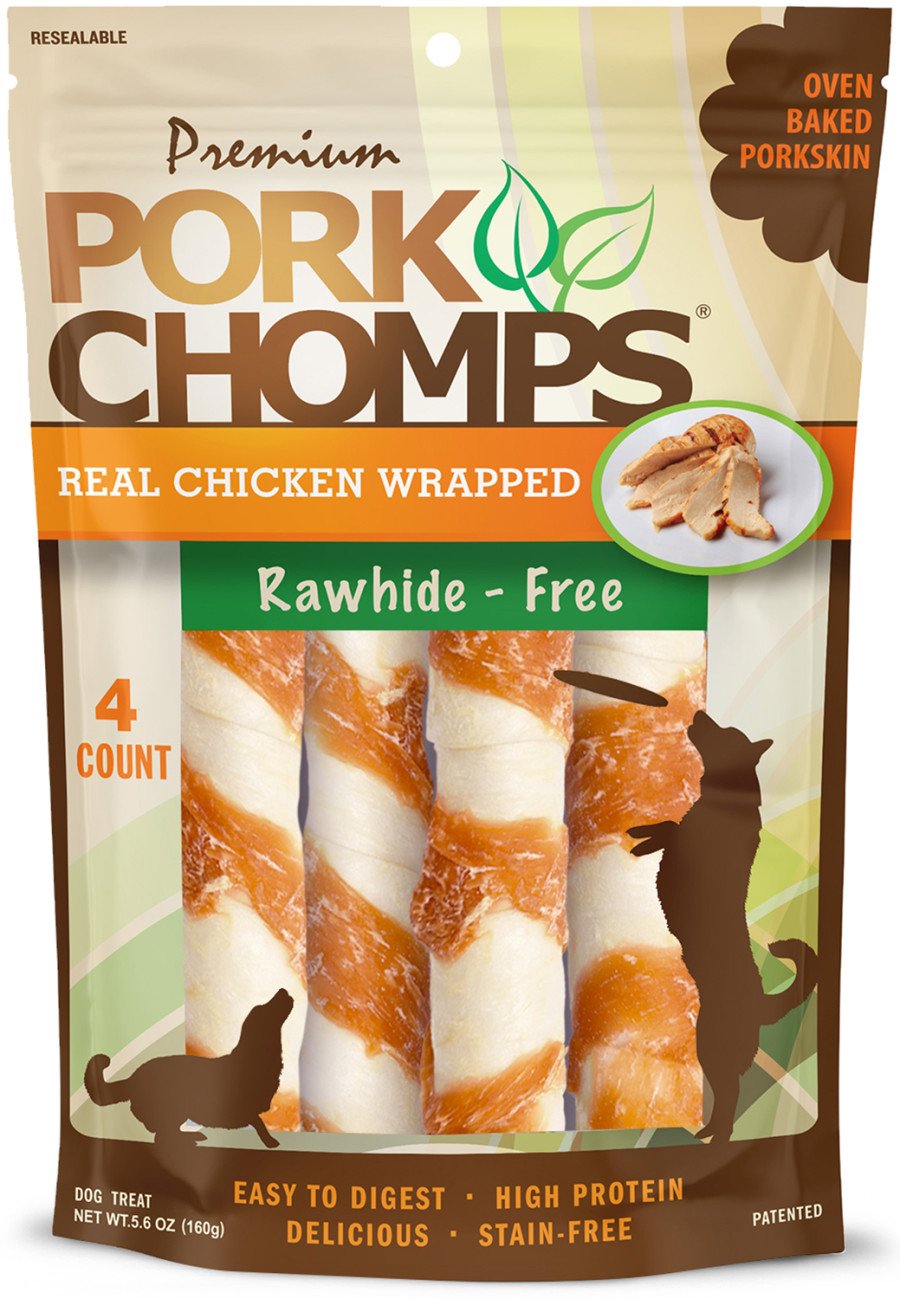 Scott Pet Premium Pork Chomps Twist Dog Treats Real Chicken Wrapped 4 Count 5.6-oz, Kwik Pets