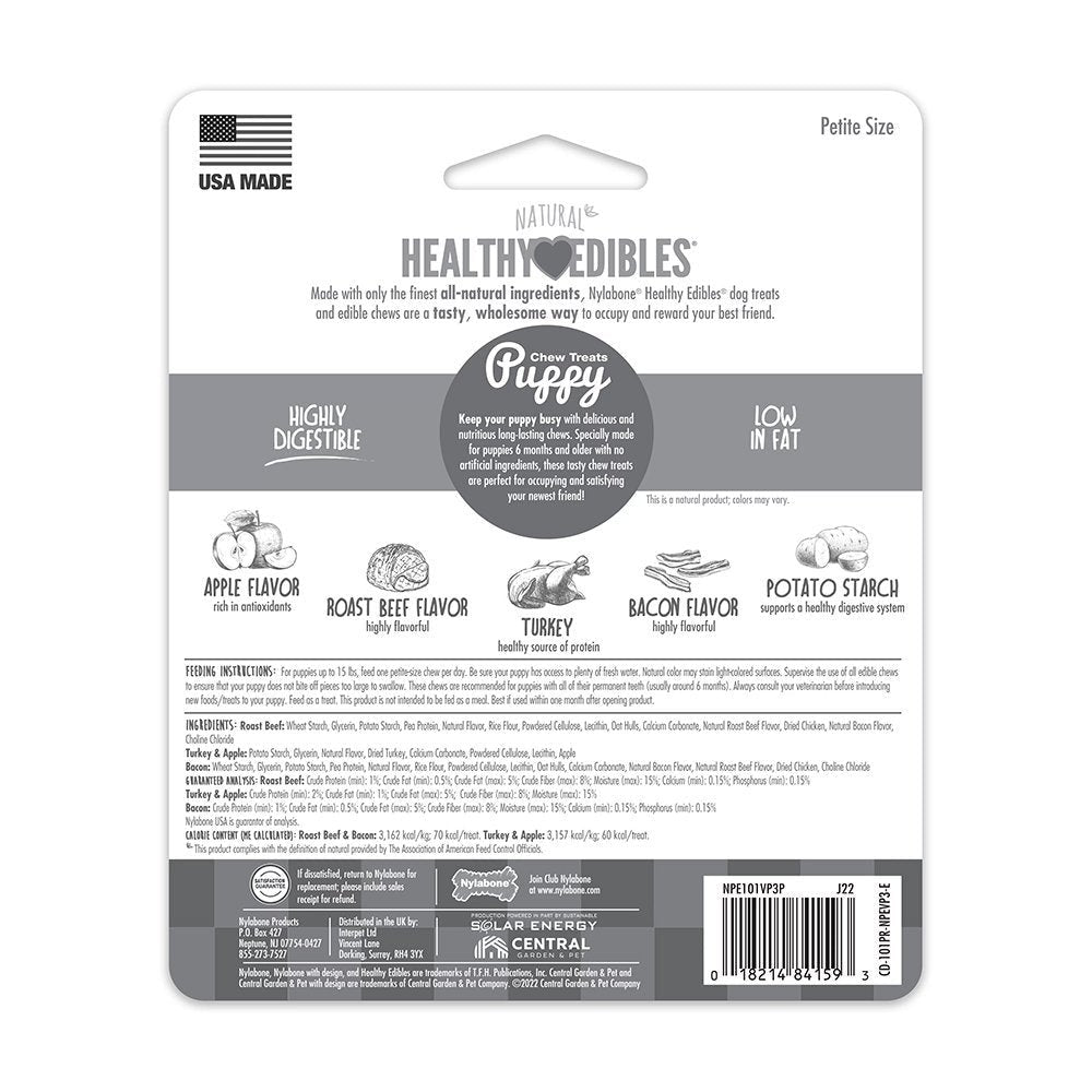 Back of Nylabone Healthy Edibles Puppy Natural Long Lasting Variety Dog Chew Treats Roast Beef, Turkey & Apple, Bacon XS/Petite - Up To 15 lbs 3 Count