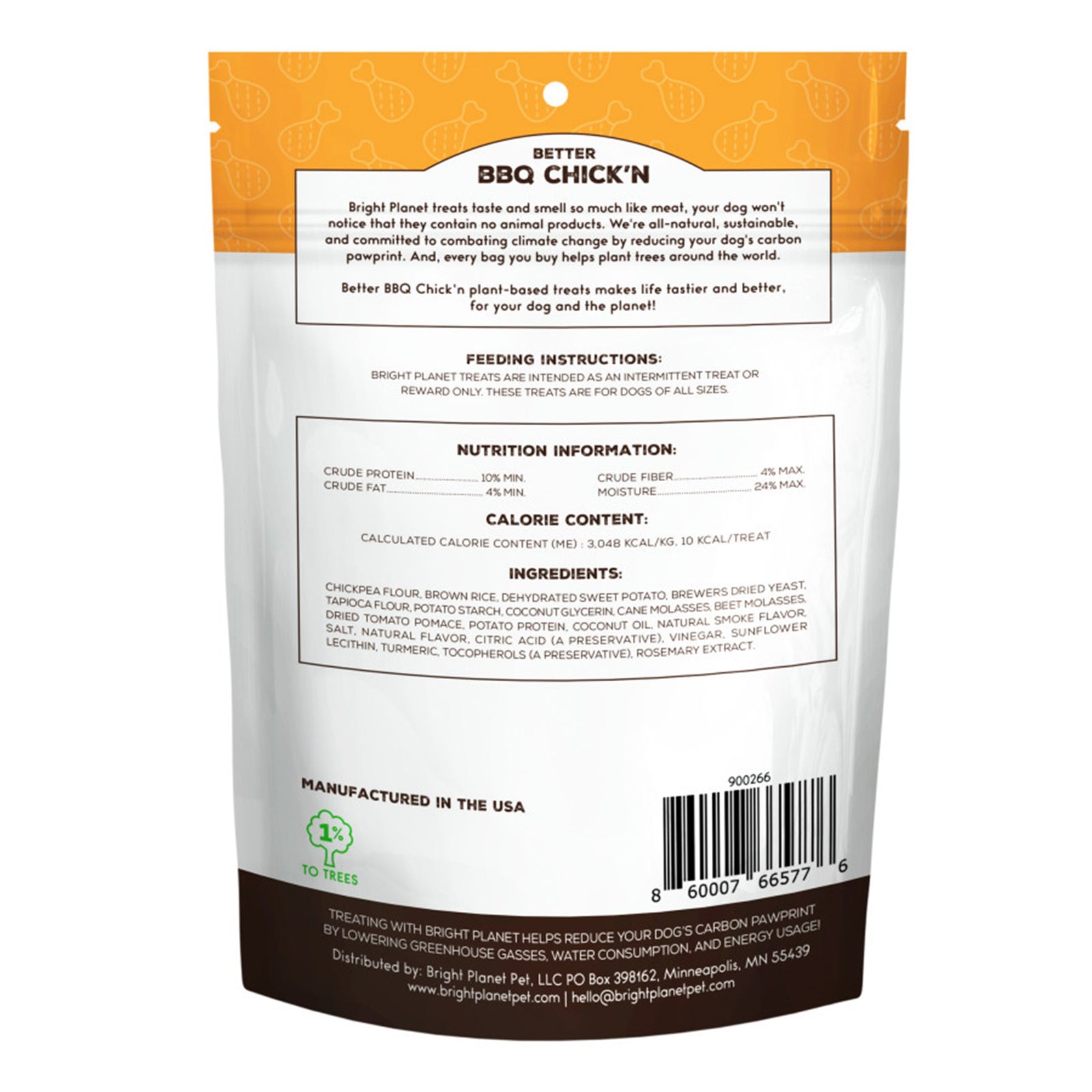 Back of Bright Planet Better BBQ Chick'n Plant-Based Dog Treats 12-oz