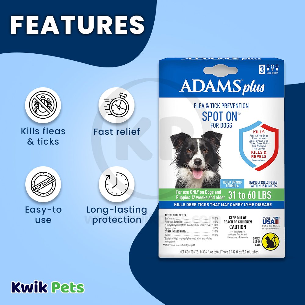 Adams Plus Flea & Tick Prevention Spot On for Dogs 3 Month Supply, Clear, For Large Dogs 31 To 60 lb, Adams