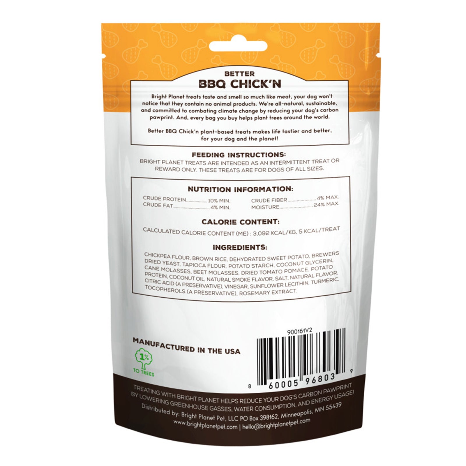 Back of Bright Planet Pet Better BBQ Chick'n Plant-Based Dog Treats 6-oz