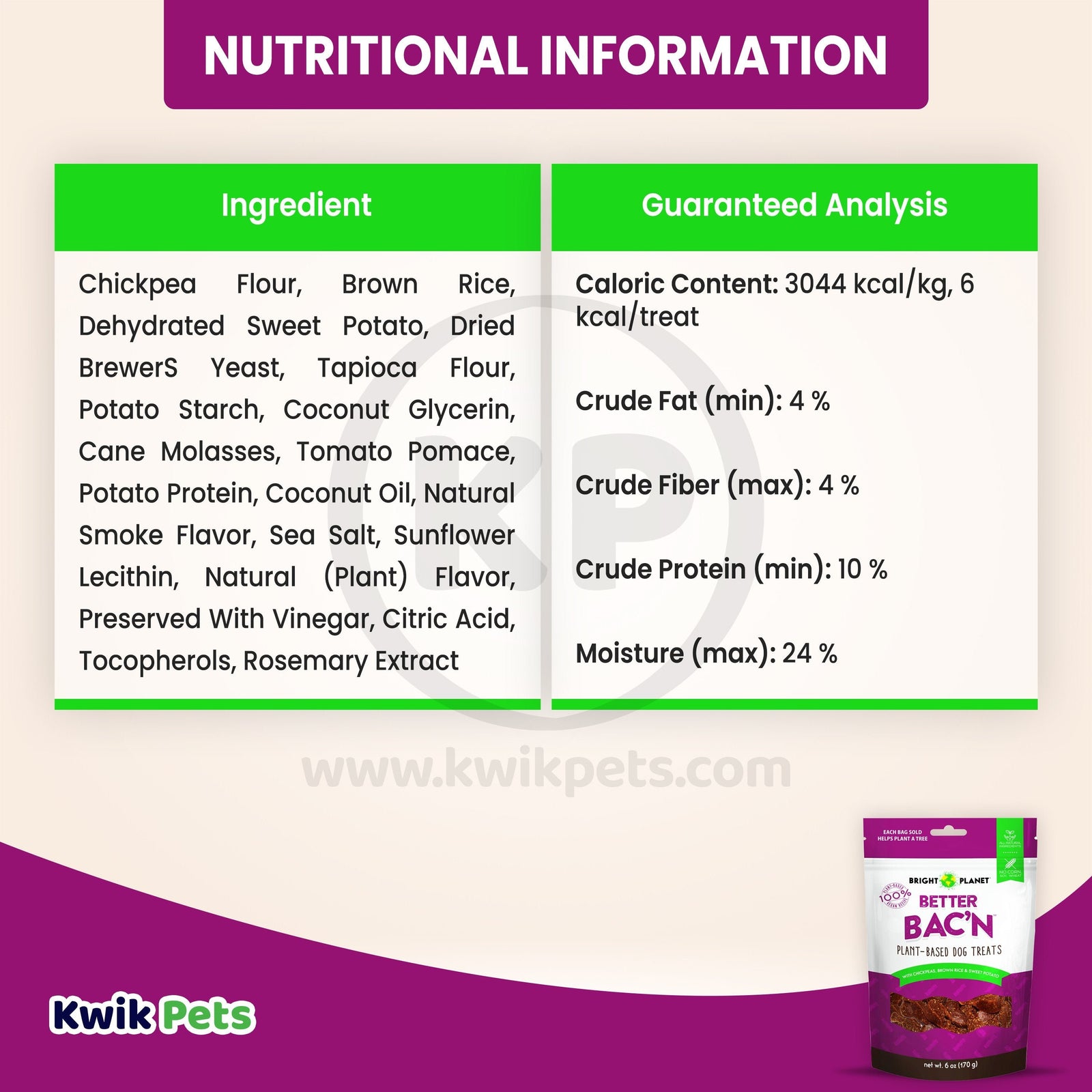 Information about Bright Planet Better Bac'n Plant-Based Dog Treats 6-oz