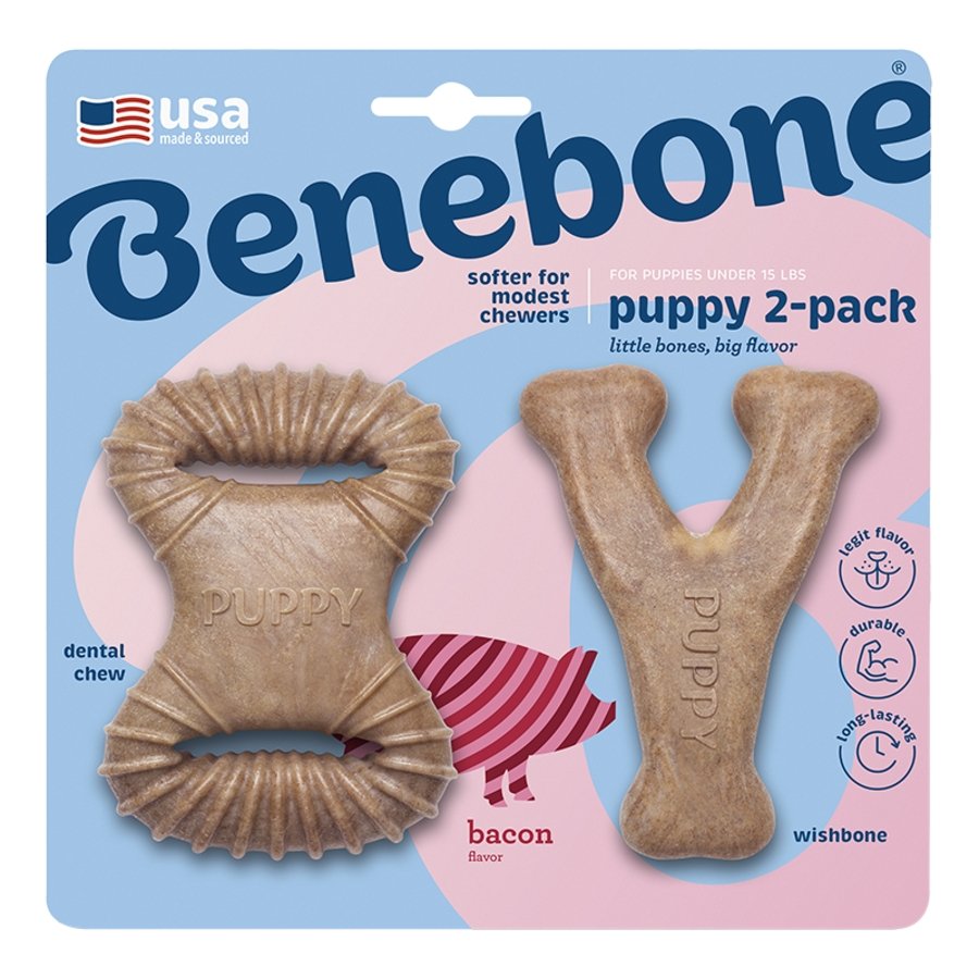Benebone Dental Chew & Wishbone Puppy Dog Chew Toy Bacon 2 Count, Kwik Pets