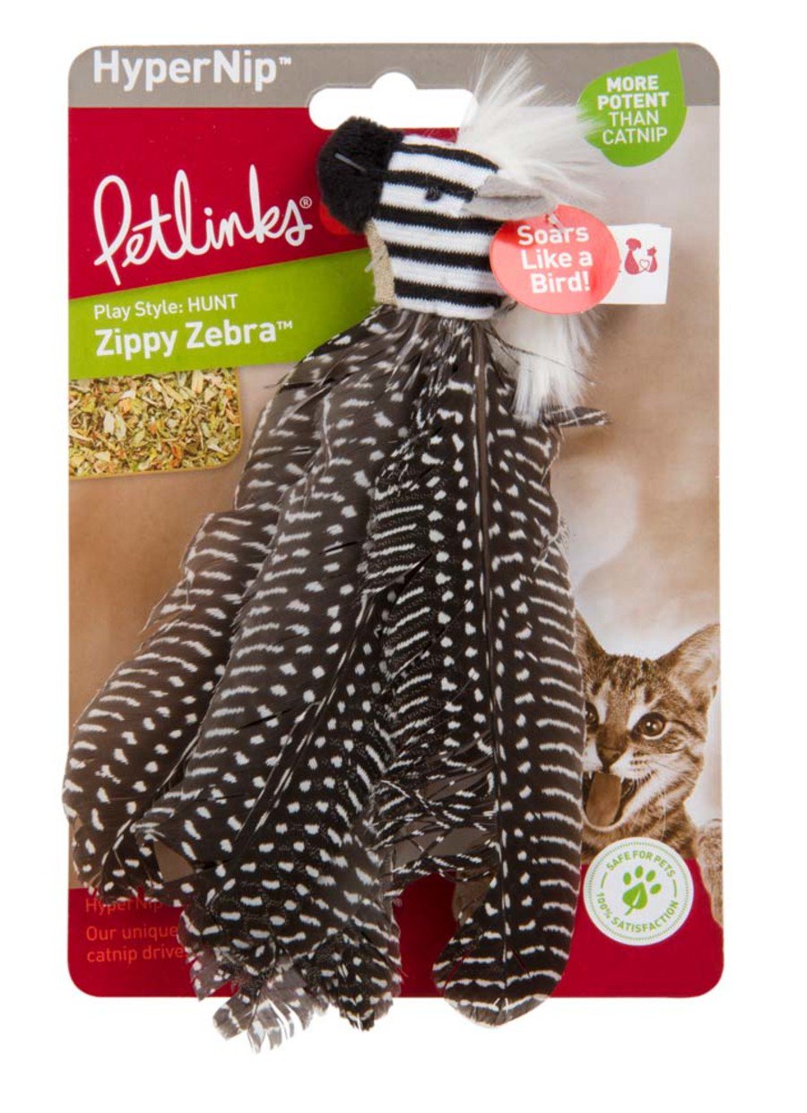 Petlinks Safari HappyNip Zippy Zebra Feathers Catnip Toy Black & White Medium, Kwik Pets
