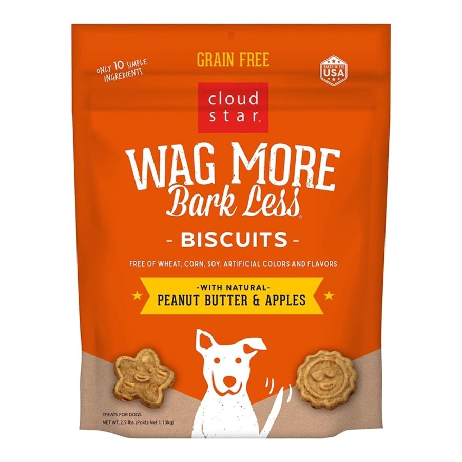 Cloud Star Wag More Bark Less Grain Free Biscuits Crunchy Dog Treats with Natural Peanut Butter & Apple 2.5-lb, Kwik Pets