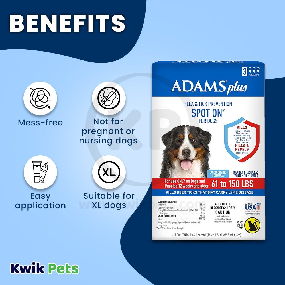 Adams Plus Flea & Tick Prevention Spot On for Dogs 3 Month Supply, Clear, XL Dogs 61 To 150 lb, Adams