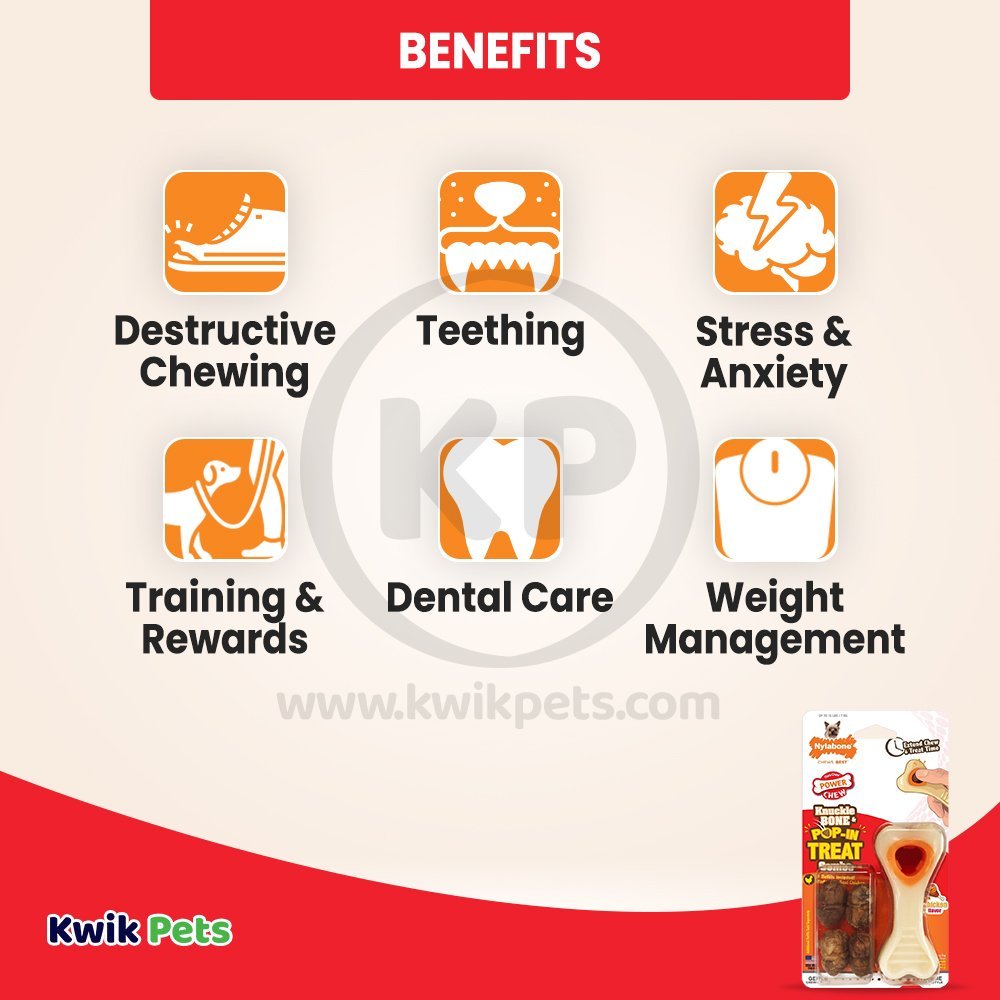 Benefits of Nylabone Power Chew Knuckle Bone & Pop-In Treat Dog Toy Combo Chicken XS/Petite - Up To 15 lbs