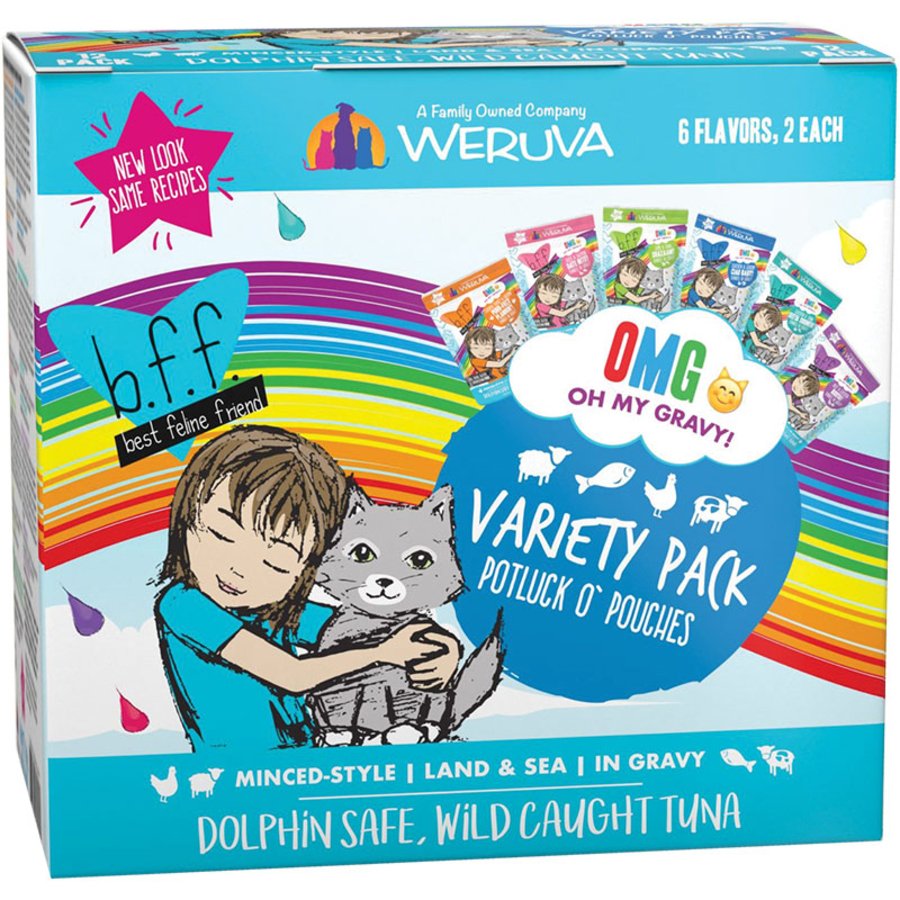Weruva B.F.F. OMG Potluck O' Pouches Variety Pack Wet Cat Food 12 Count 2.8-oz, Kwik Pets