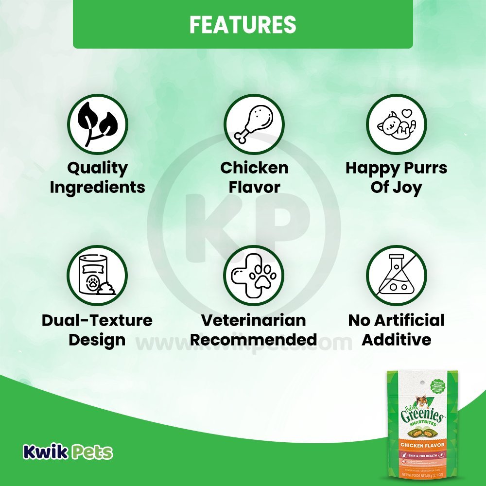 Features - Greenies Feline Smartbites Healthy Skin & Fur Health Cat Treats Chicken 2.1-oz