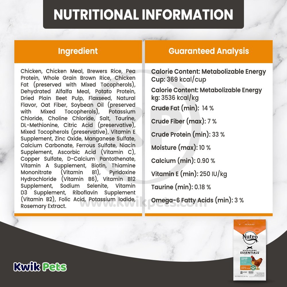 Nutritional Information of Nutro Chicken & Brown Rice Healthy Weight Indoor Adult Dry Cat Food 3-lb