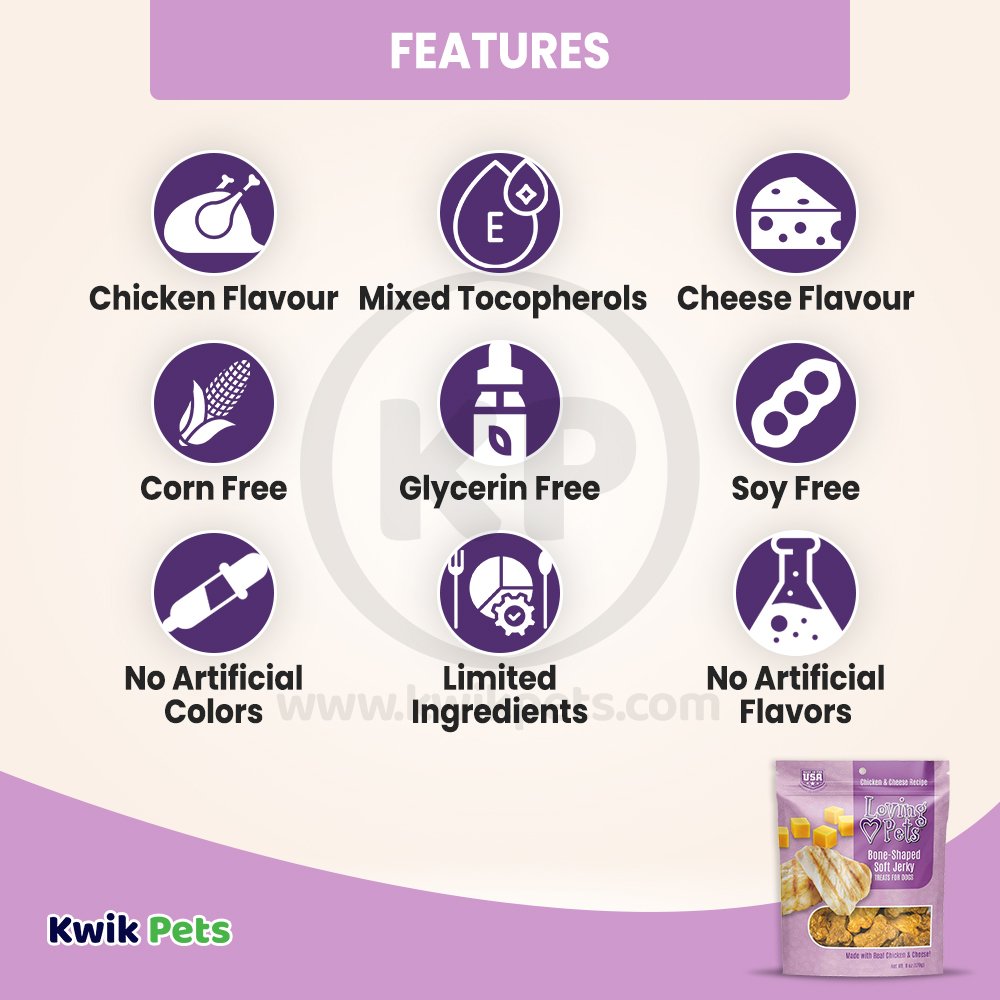 Features of Loving Pets Bone-Shaped Soft Jerky Dog Treat Chicken & Cheese 6-oz