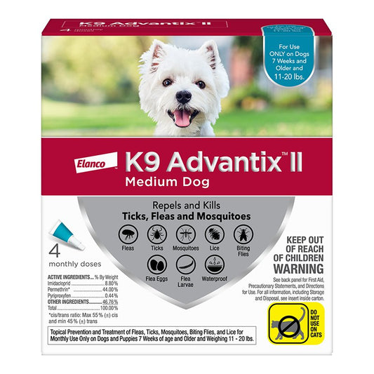 K9 Advantix II Dog Medium 11-20 lb Teal 4 Pack, Elanco