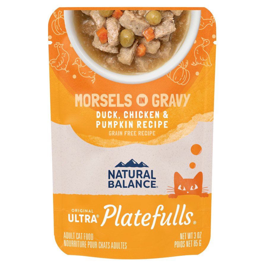 Natural Balance Original Ultra Platefulls Morsels in Gravy Grain Free Adult Wet Cat Food Pouch Duck, Chicken & Pumpkin 3-oz
