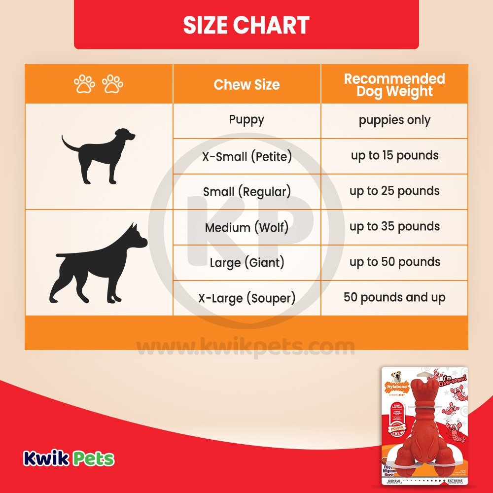 Size chart of Nylabone Power Chew Lobster Dog Toy Filet Mignon,  XL/Souper - 50+ lb