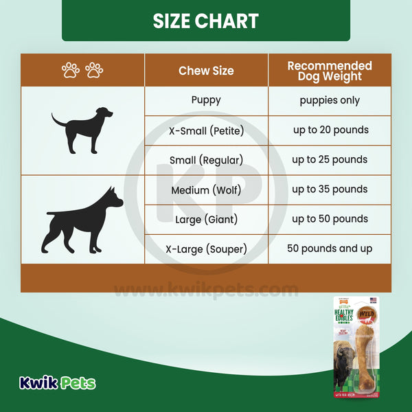 Size Chart of Nylabone Healthy Edibles Wild Natural Long Lasting Dog Chew Treats Bison Large/Giant - Up To 50 lbs