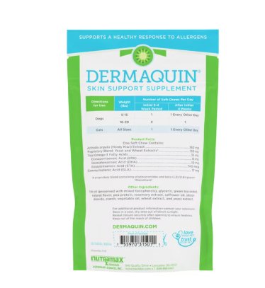 Nutramax Dermaquin Skin Support Soft Chew Supplement for Dogs & Cats Small & Medium 60 Count