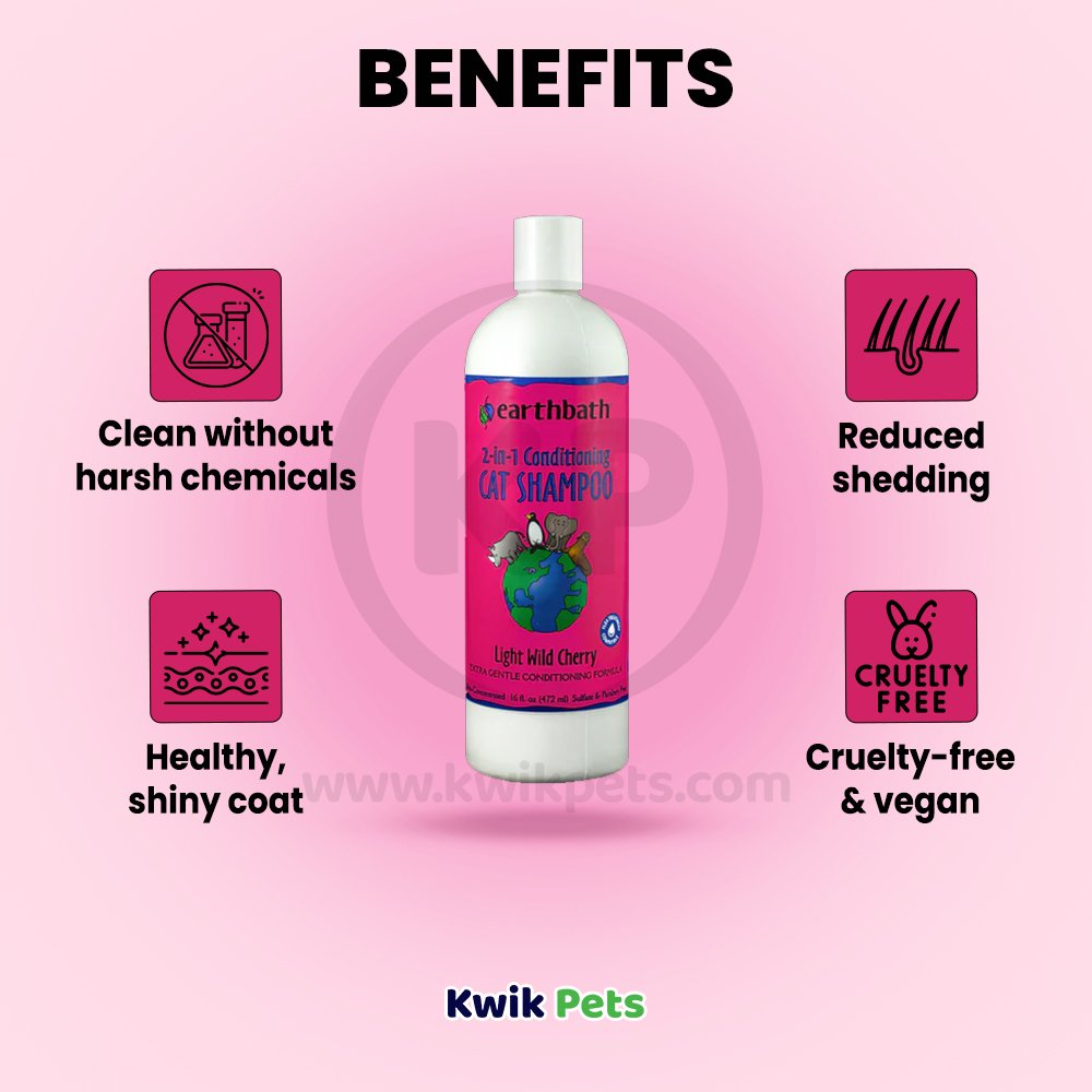 earthbath® 2-in-1 Conditioning Cat Shampoo, Light Wild Cherry, Extra Gentle Conditioning Formula, Made in USA, 16 oz, Earthbath