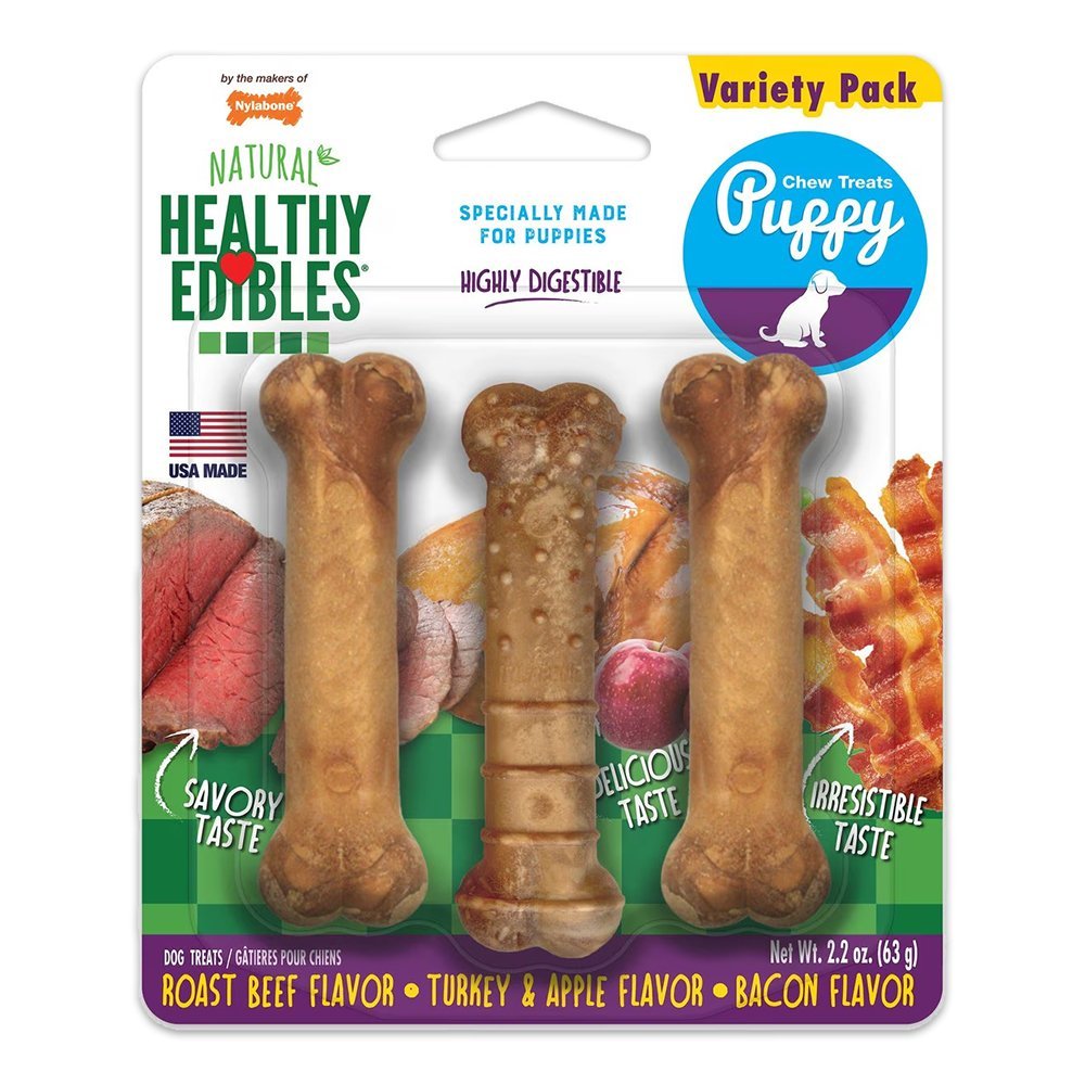 Nylabone Healthy Edibles Puppy Natural Long Lasting Variety Dog Chew Treats Roast Beef, Turkey & Apple, Bacon XS/Petite - Up To 15 lbs 3 Count