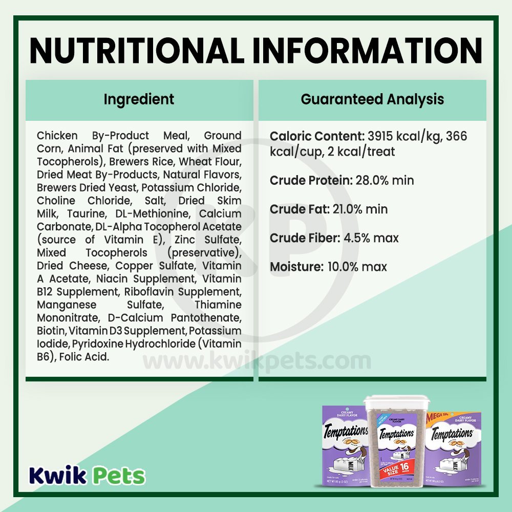 Nutritional Information - Temptations Classics Crunchy & Soft Adult Cat Treats Creamy Dairy 6.3-oz