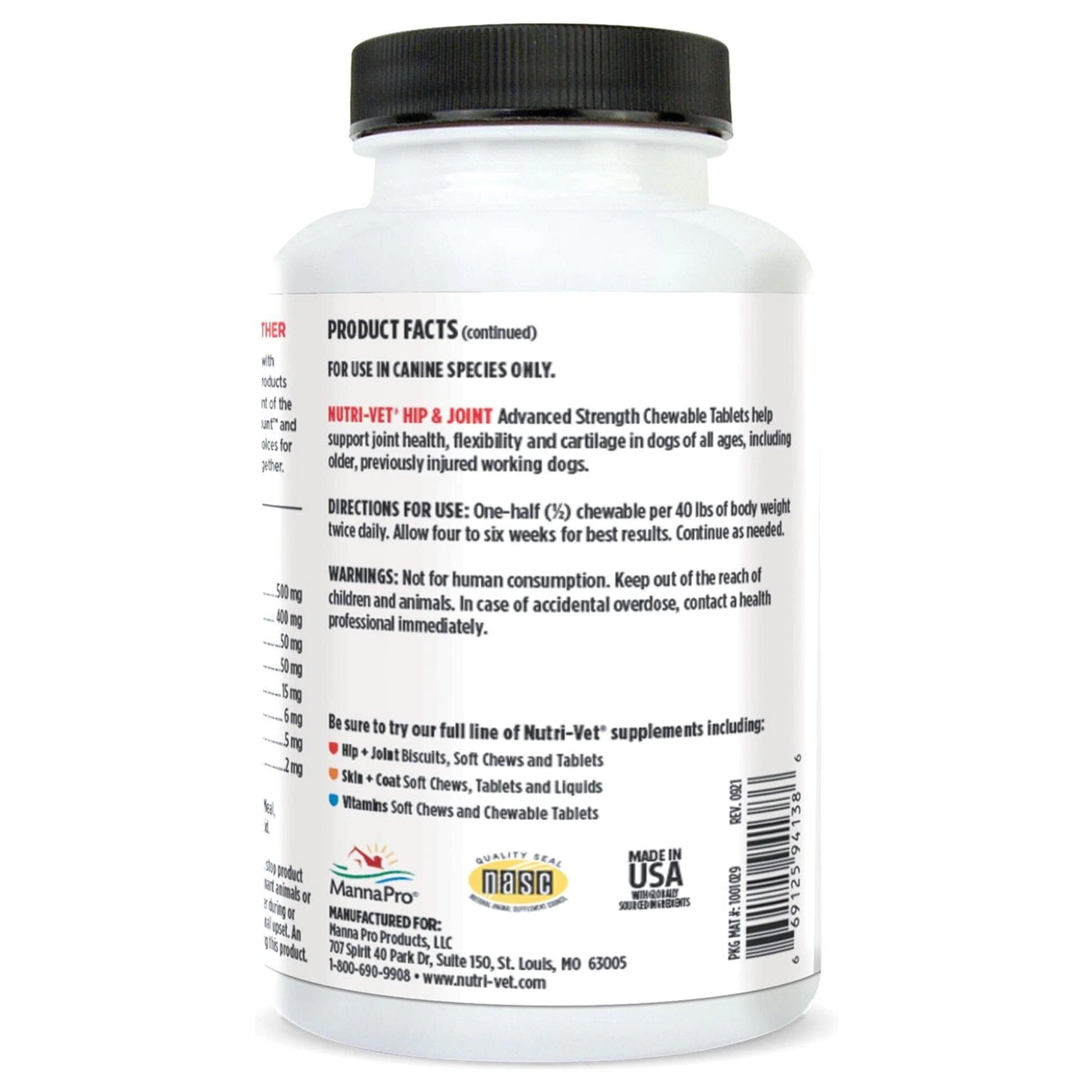 Back of Nutri-Vet Hip & Joint Advanced Strength Chewables for Dogs Liver 150 Count