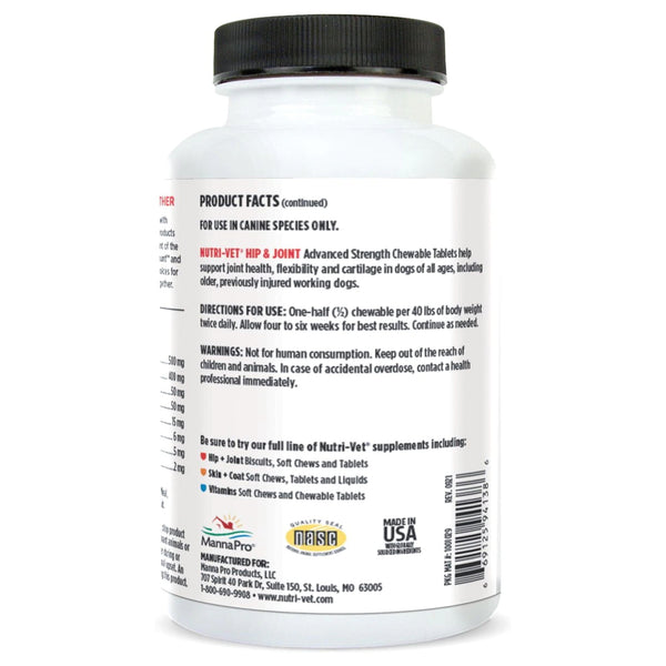 Back of Nutri-Vet Hip & Joint Advanced Strength Chewables for Dogs Liver 150 Count
