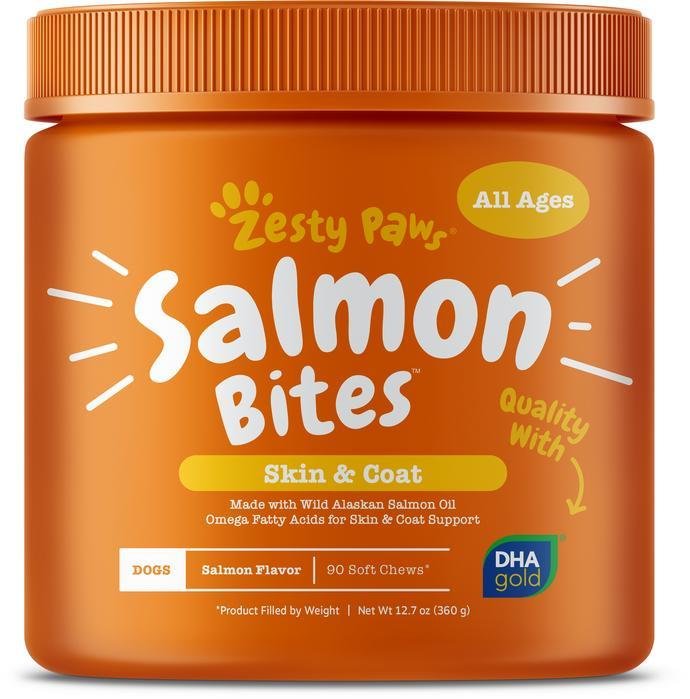Zesty Paws Skin & Coat Bites Salmon Oil Soft Chews Supplement for Dogs Salmon Flavor 90 Count 11.1-oz, Kwik Pets