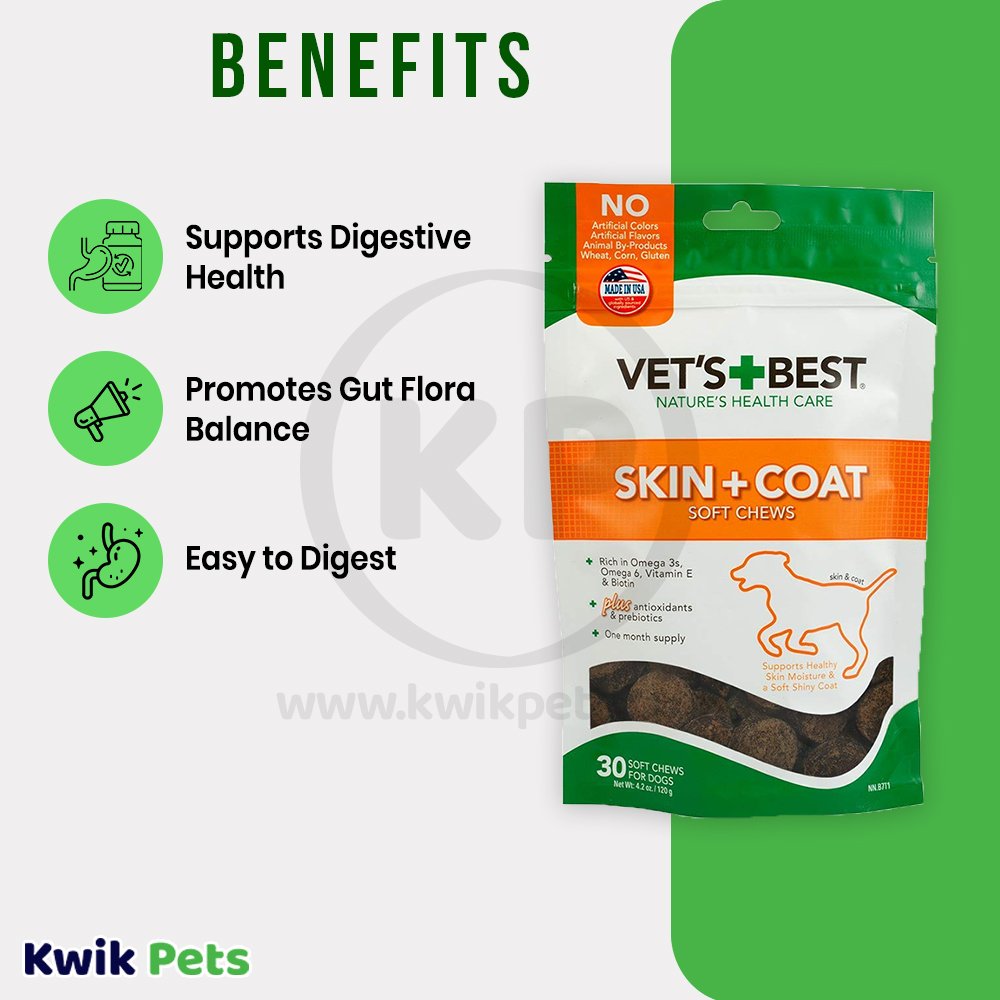Vet's Best Skin & Coat Dog Soft Chews 30 Count 4.2-oz, Kwik Pets