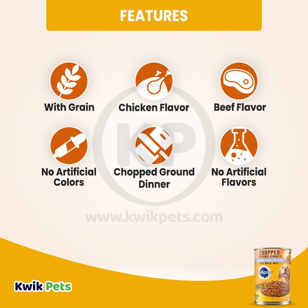 Features of Pedigree Chopped Ground Dinner Adult Wet Dog Food Chicken Beef & Liver 13.2-oz 6 Pack