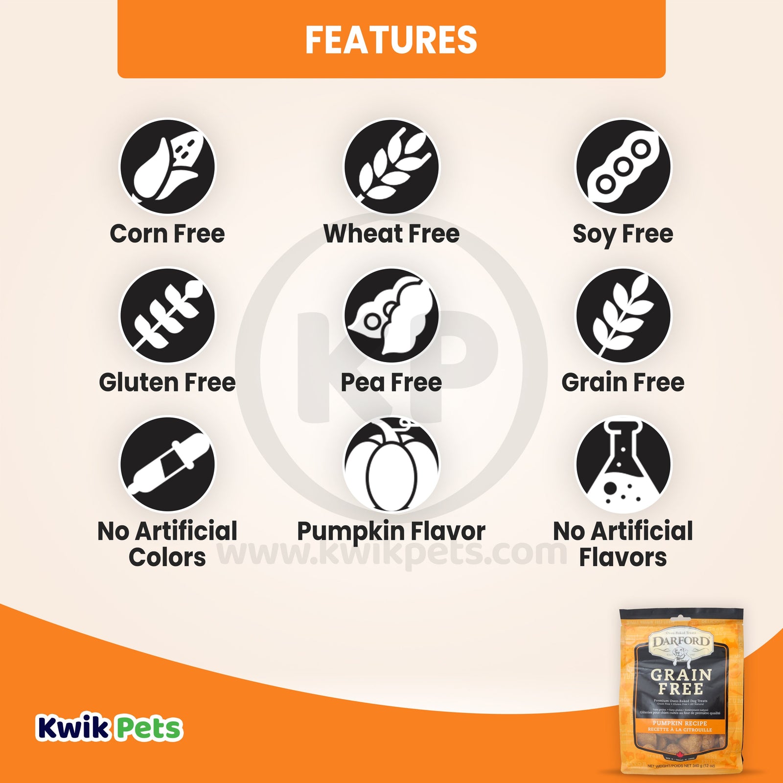 Features of Darford Grain Free Biscuits Pumpkin Recipe Dog Treats Regular 12-oz