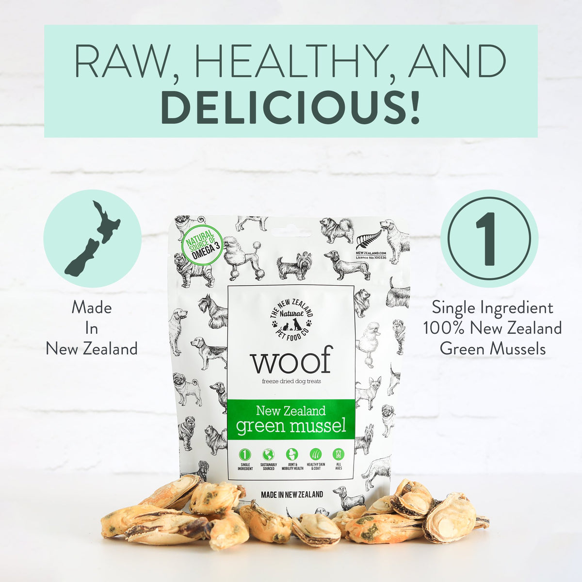 The New Zealand Natural Pet Food Co. Woof Freeze Dried Dog Treat NZ Green Mussels 1.76-oz