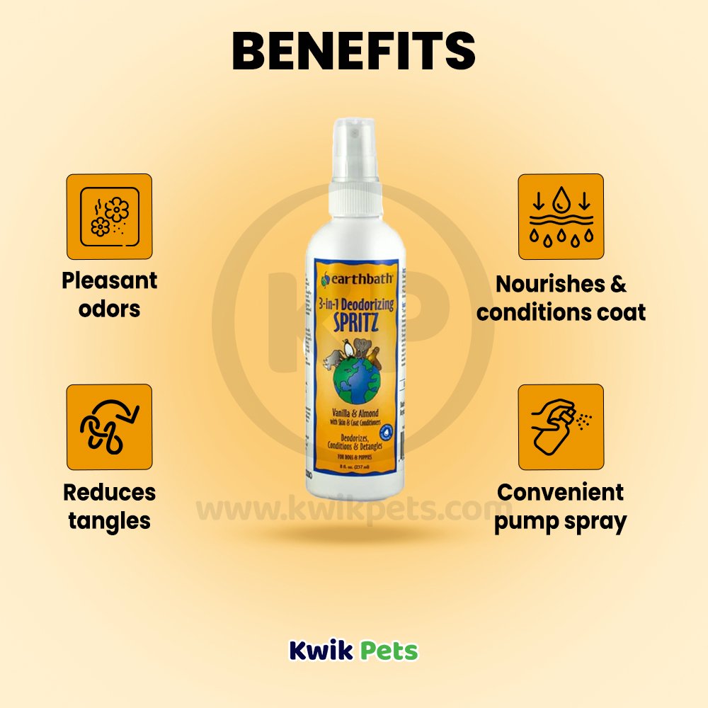 Benefits of Earthbath 3-in-1 Deodorizing Spritz for Dogs Vanilla & Almond 8-oz