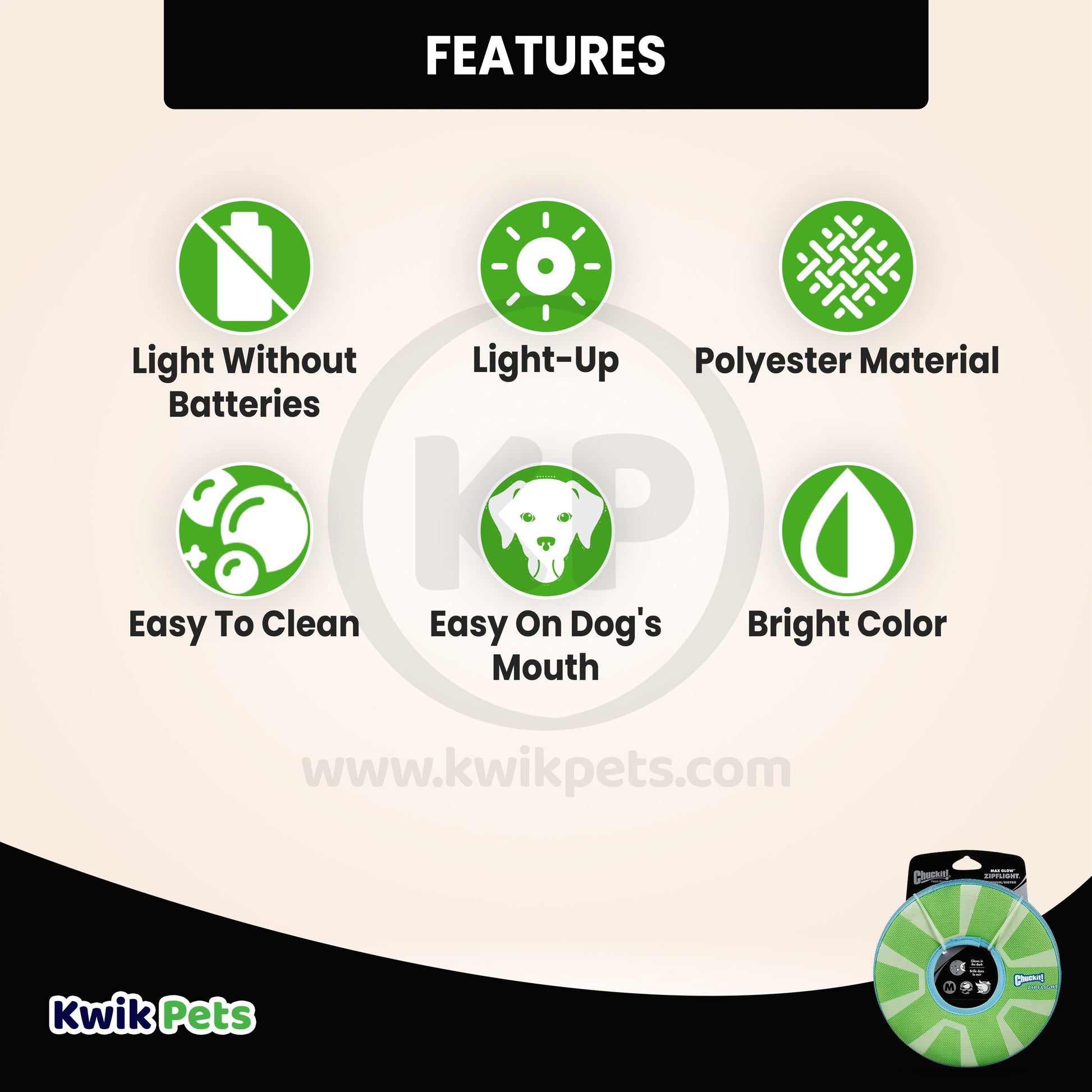Features of Chuckit! ZipFlight Max Glow Dog Toy Green/White Medium