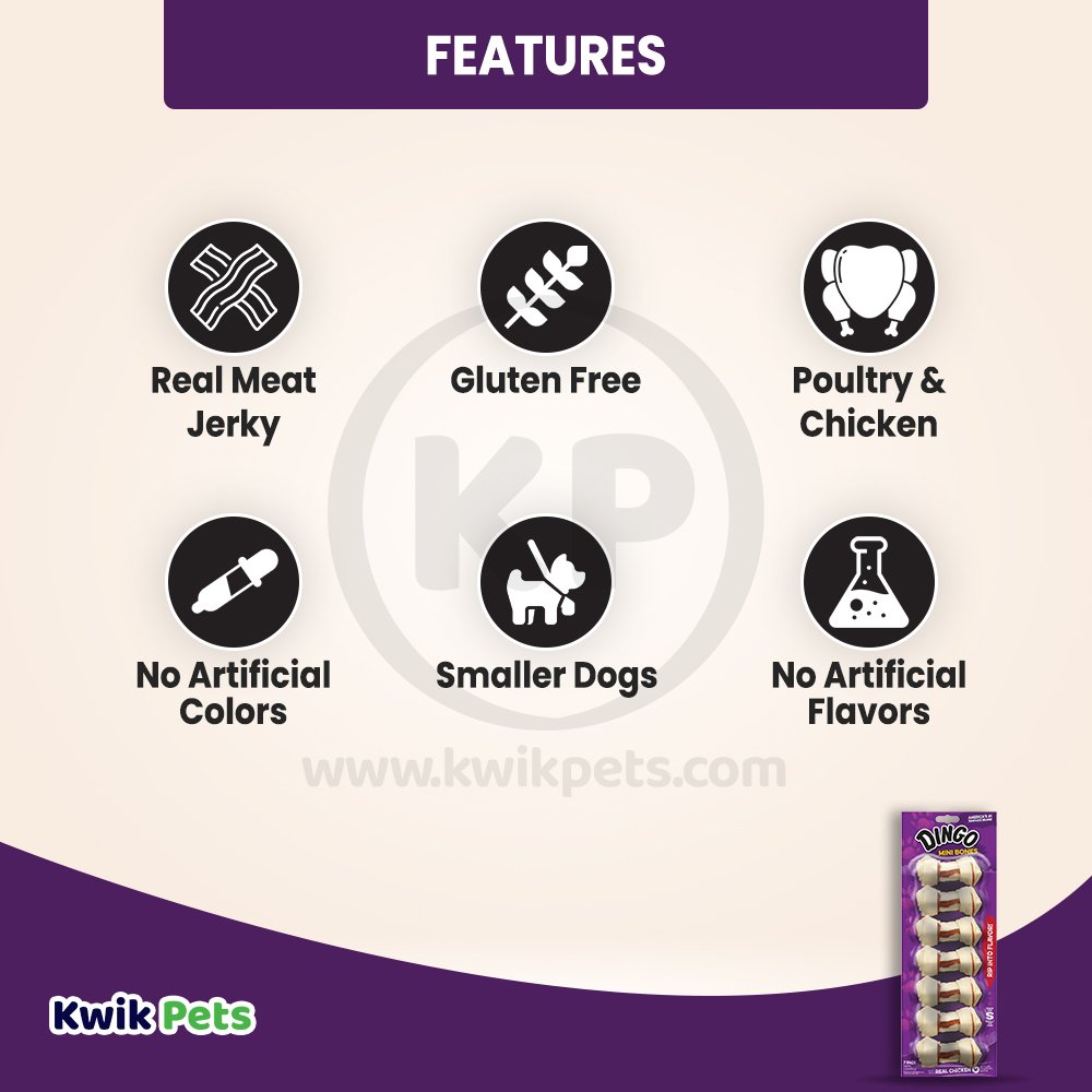 Features of Dingo Knotted Rawhide Mini Bones Dog Treat 7 Count 2.3-oz