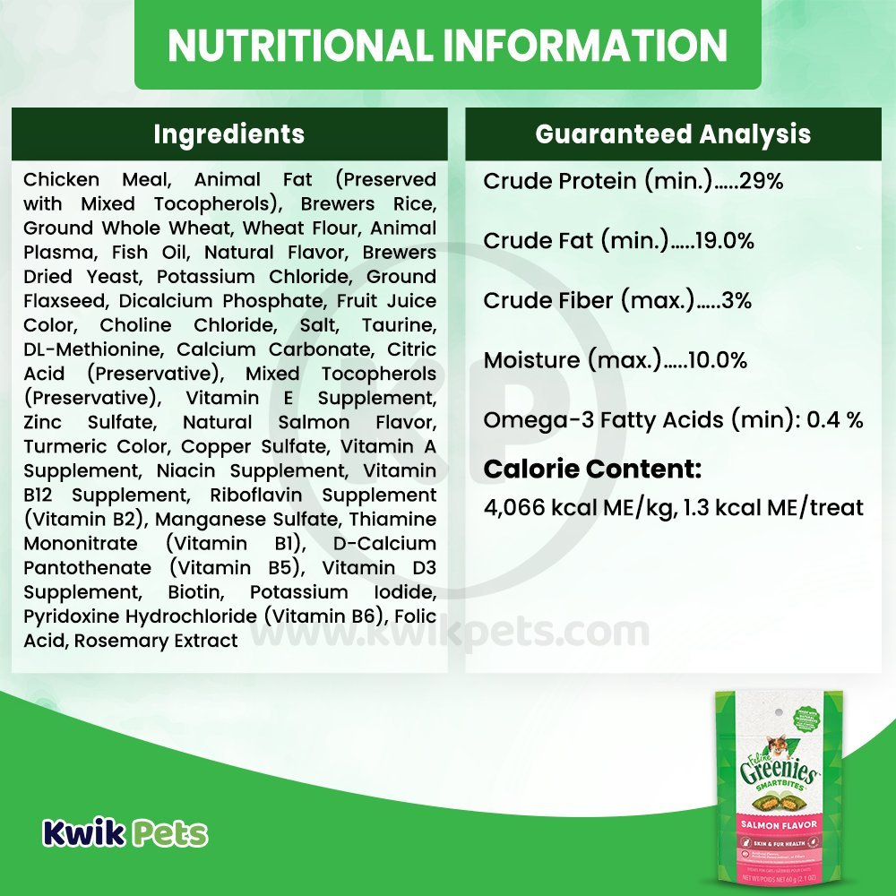 Nutritional Information - Greenies Feline Smartbites Healthy Skin & Fur Health Cat Treats Salmon 2.1-oz