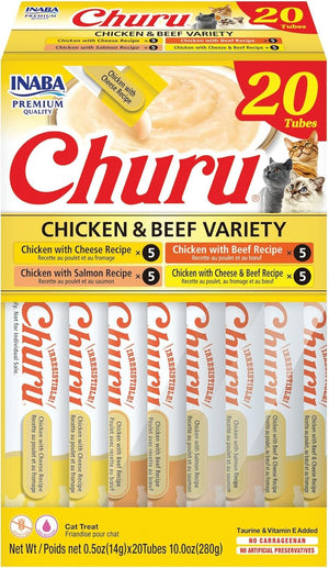 Inaba Churu Creamy Purée Chicken & Beef Variety Pack Lickable Cat Treats 0.5-oz Tubes 20 Count, Kwik Pets