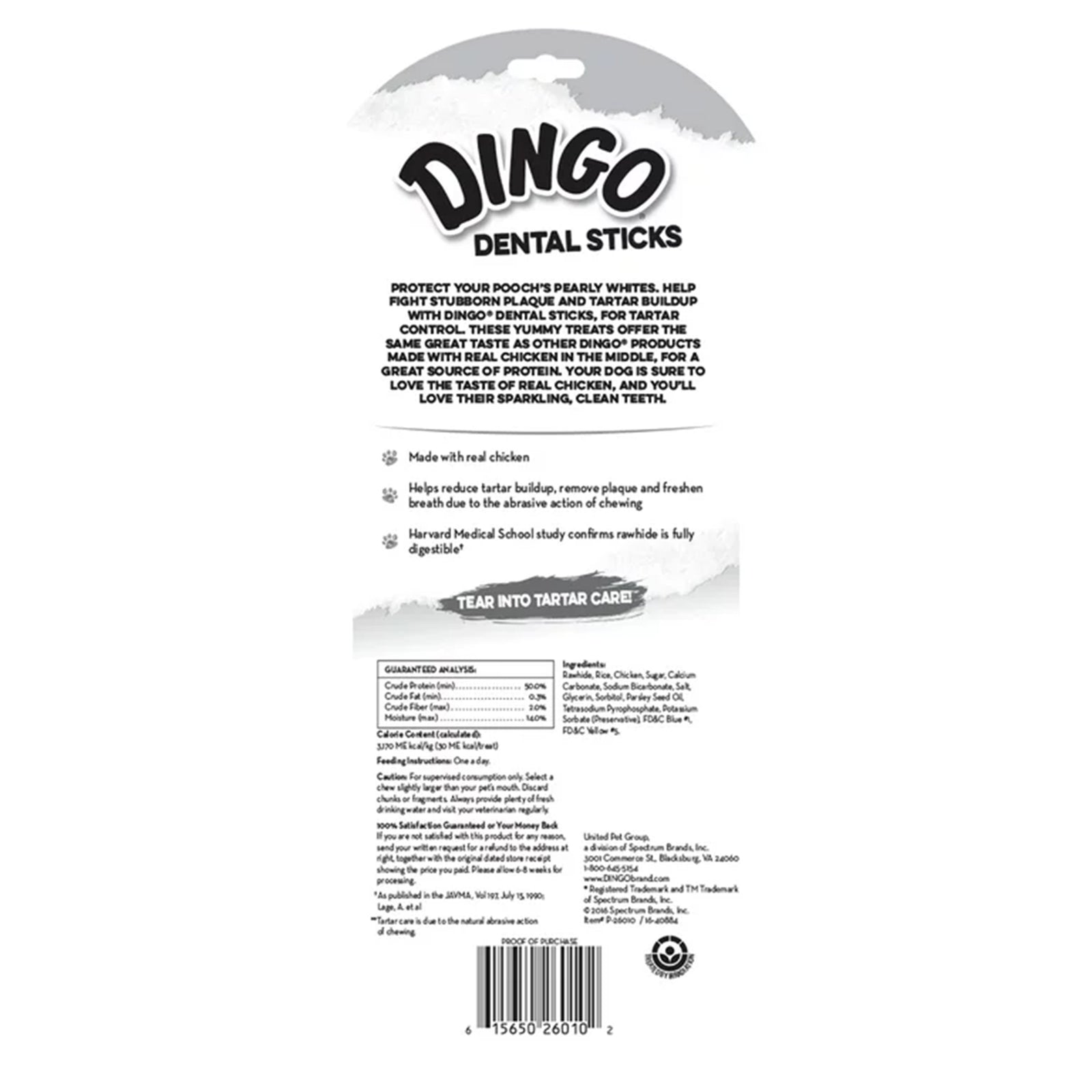 Back of Dingo Dental Sticks Dog Treats Chicken 10 Count 3.1-oz
