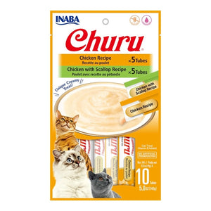 Inaba Churu Creamy Purée Variety Pack Lickable Cat Treats Chicken Recipe & Chicken with Scallop Recipe 0.5-oz Tubes 10 Count, Kwik Pets