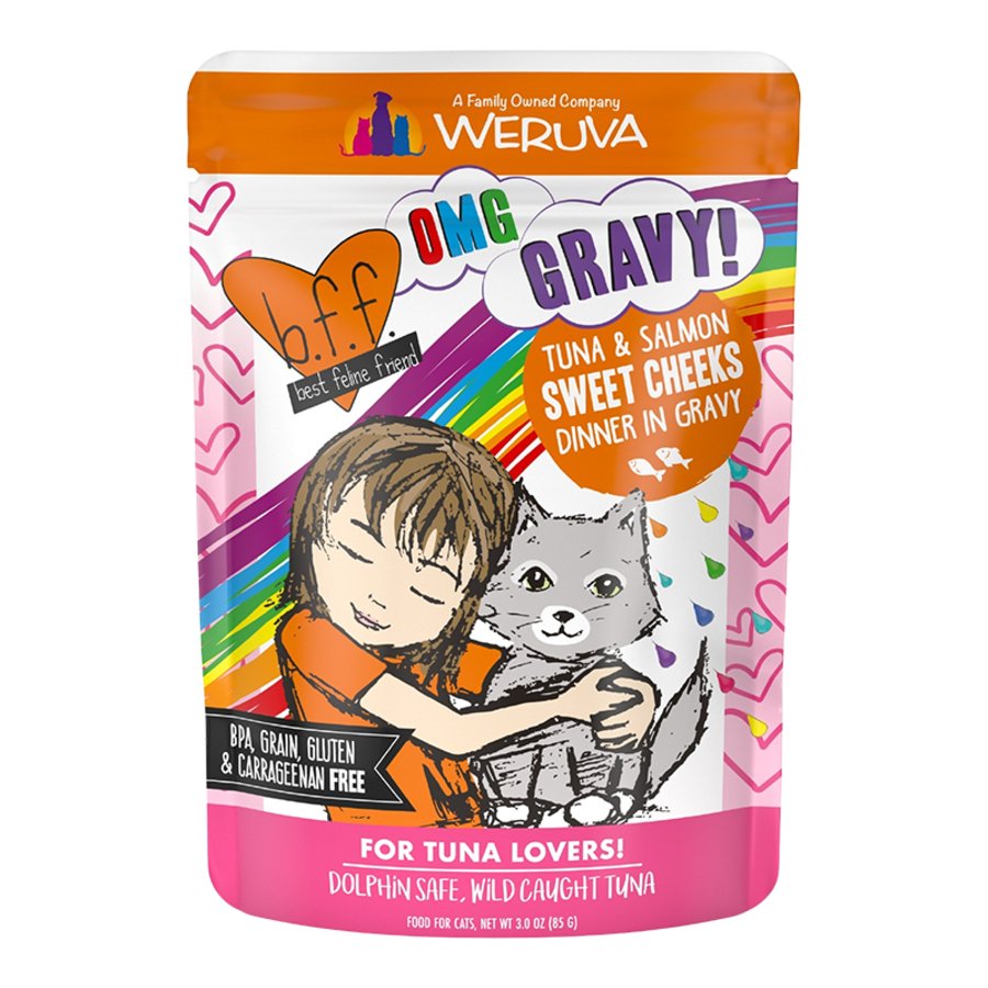 Weruva B.F.F. OMG Tuna & Salmon Sweet Cheeks Dinner in Gravy Wet Cat Food Pouches 3-oz, Kwik Pets