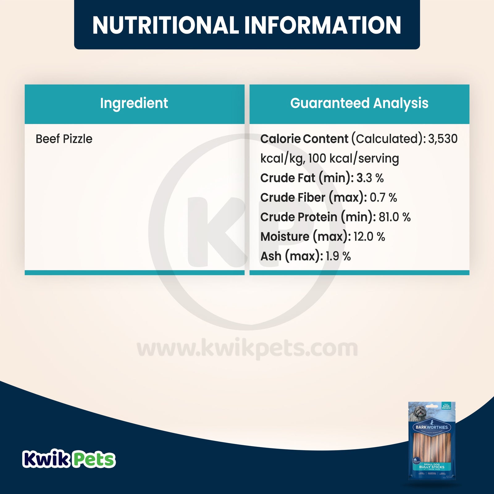 Nutritional Information of Barkworthies 4" Odor Free Small Dog Bully Stick Chews 4-oz