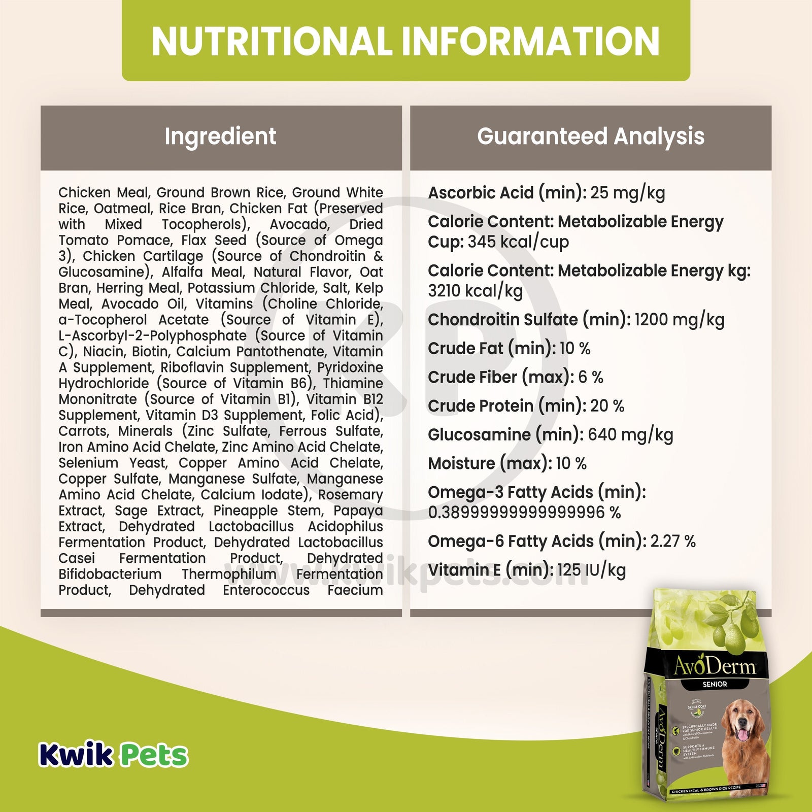Nutritional Information of AvoDerm Natural Chicken Meal & Brown Rice Senior Dry Dog Food 4.4-lb
