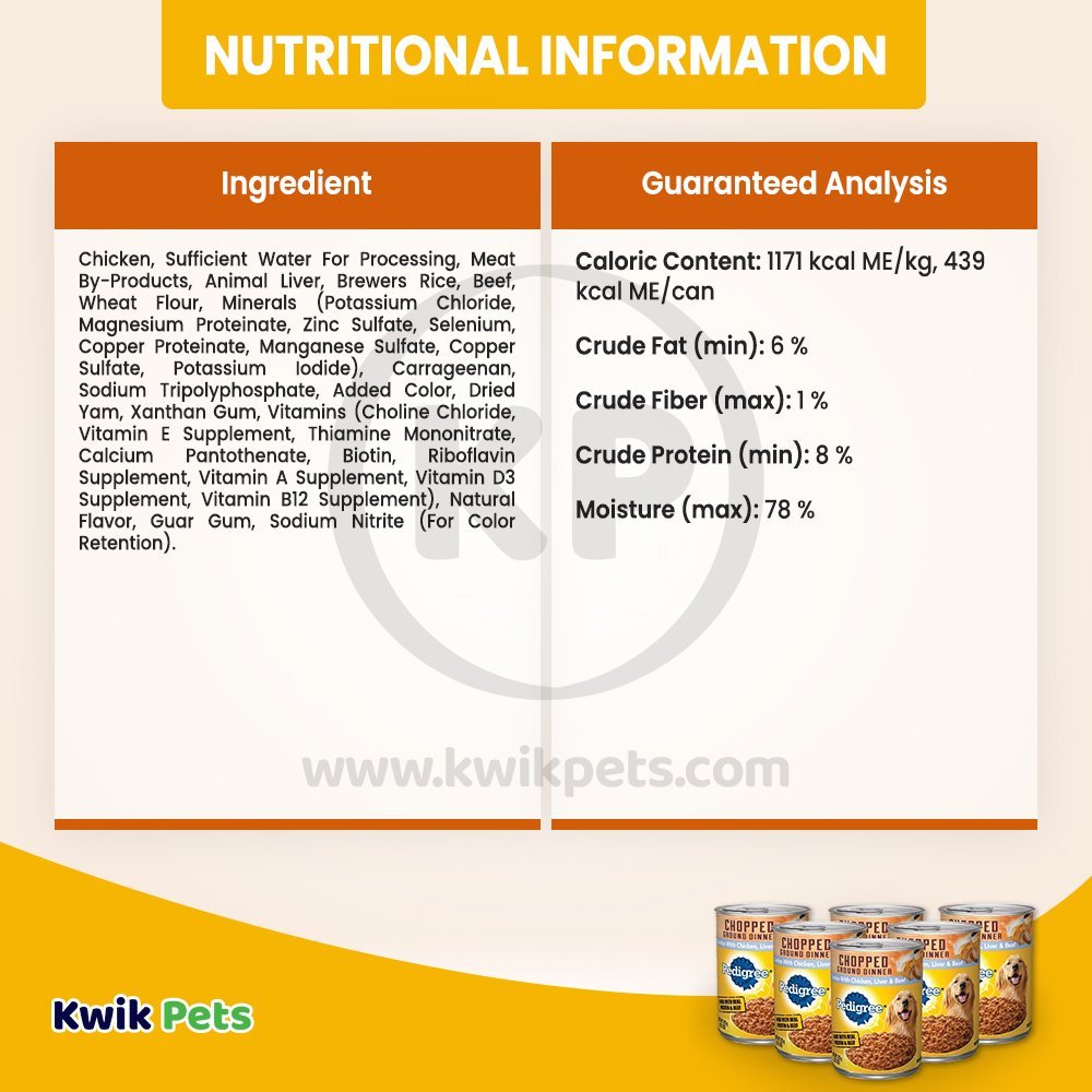 Nutritional Information of Pedigree Chopped Ground Dinner Adult Wet Dog Food Chicken Beef & Liver 13.2-oz 6 Pack