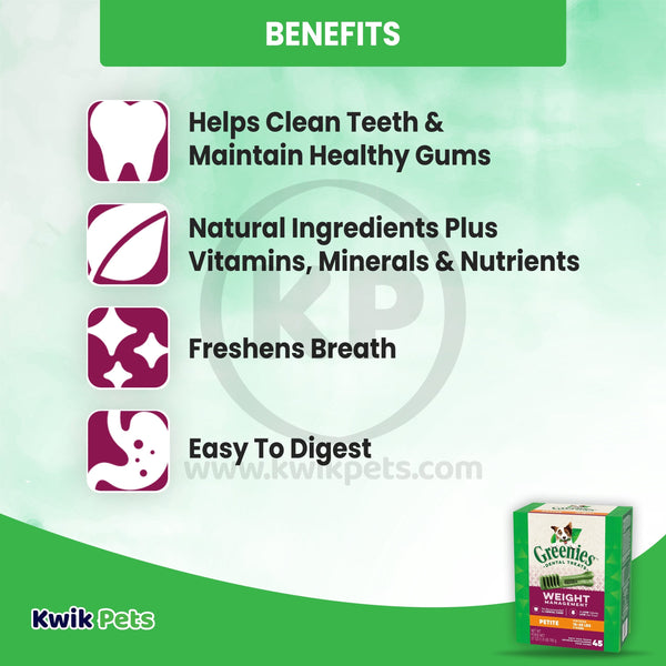 Benefits of Greenies Weight Management Dog Dental Treats Petite 45 Count 27-oz